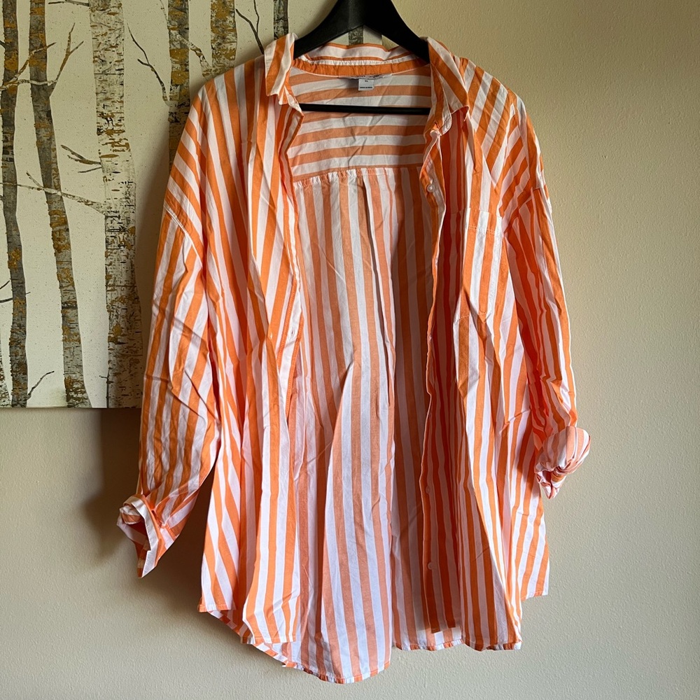 Old Navy oversized button down boyfriend shirt orange stripe XL